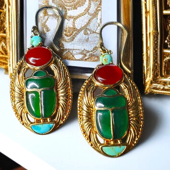 Bankok Ratnaraj BBJ JTV Gold Plate Egyptian Revival Scarab Earrings Gemstone - Picture 1 of 5